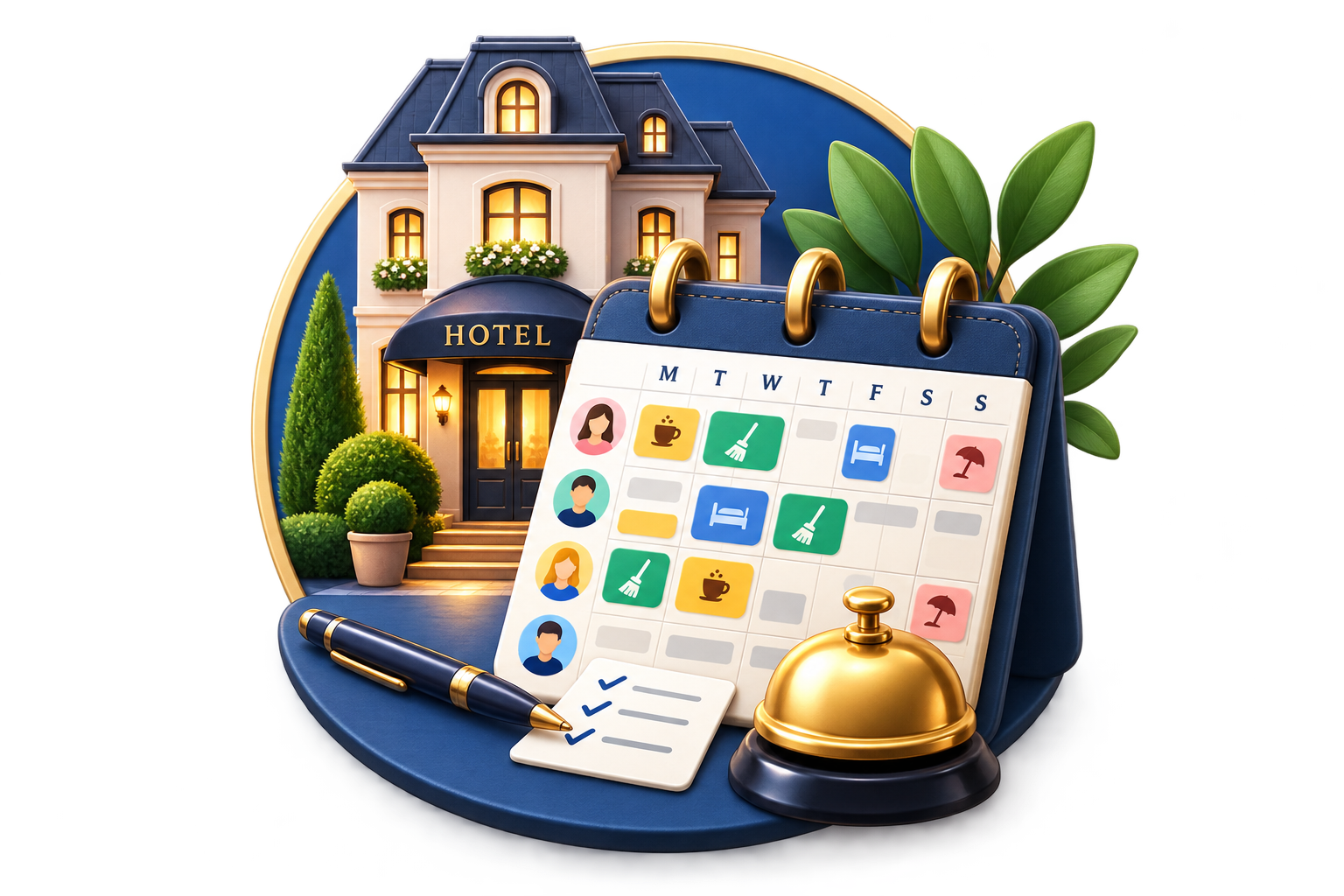 Illustration eines Hotels mit Wochenplan und Hotelglocke